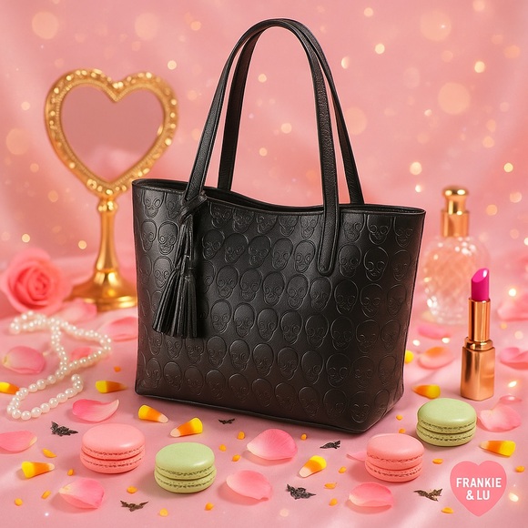 Black Skull Embossed Shoulder Tote Bag Vegan Leather Goth Glam Shopper Purse NWT